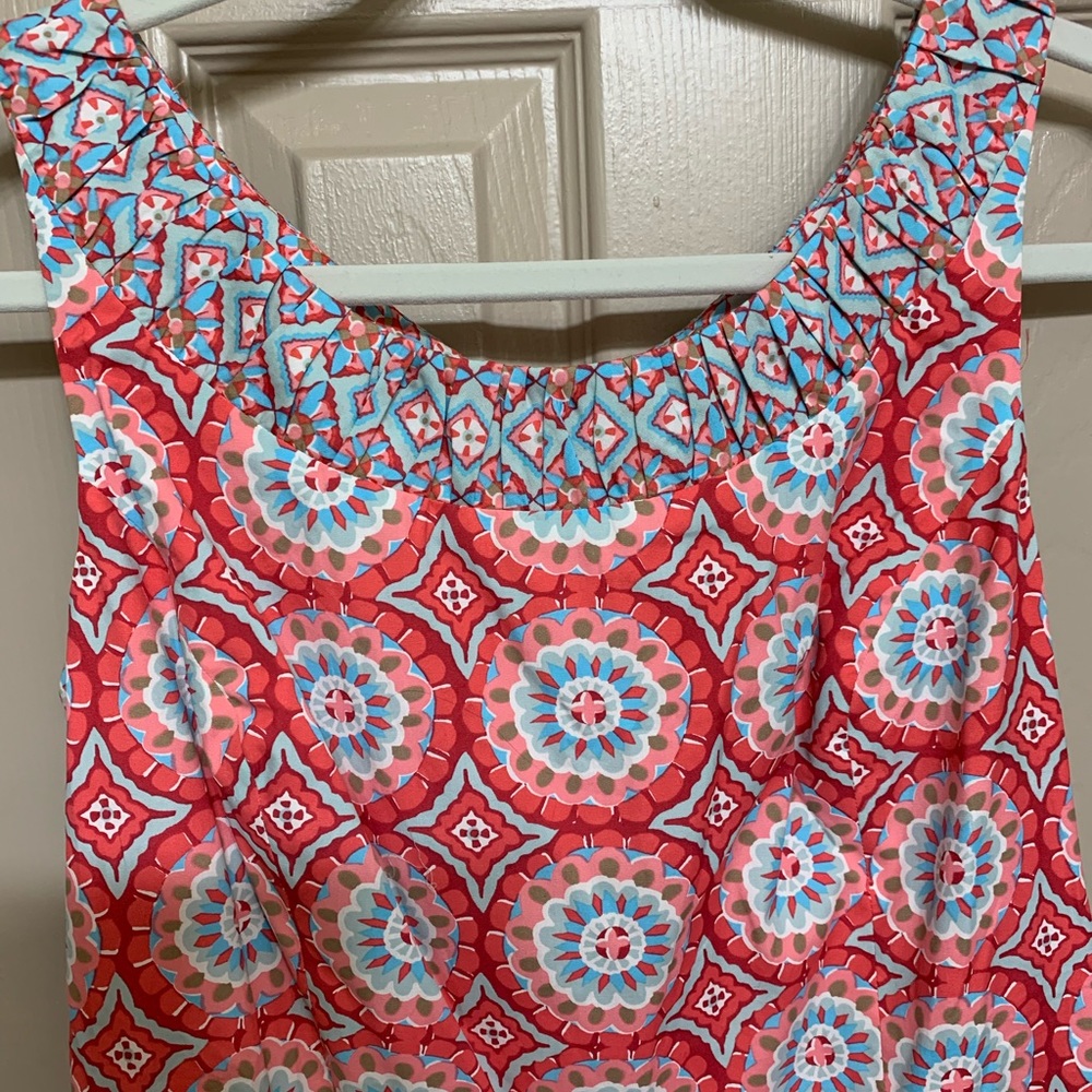 Lovely cotton sleeveless dress, red, blue, orange, fully lined. Size 8